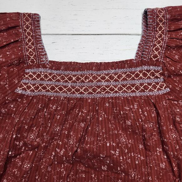Madewell Square Neck Smocked Top Burgundy Red Embroidered Dotted Vines Small - Picture 5 of 8